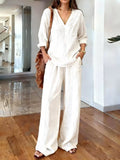 V-neck top and wide leg pants set