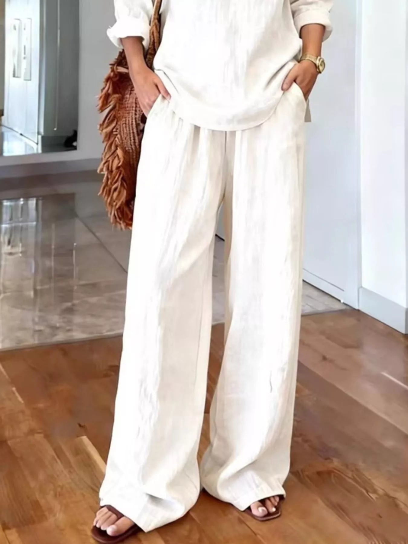 V-neck top and wide leg pants set